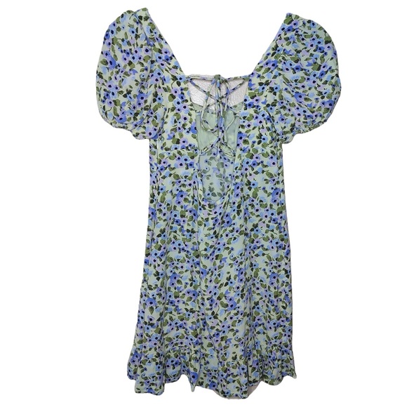 Zara Floral Print Lace Up Back Ruffle Hem Short Puff Sleeve Mini Dress - Picture 5 of 10